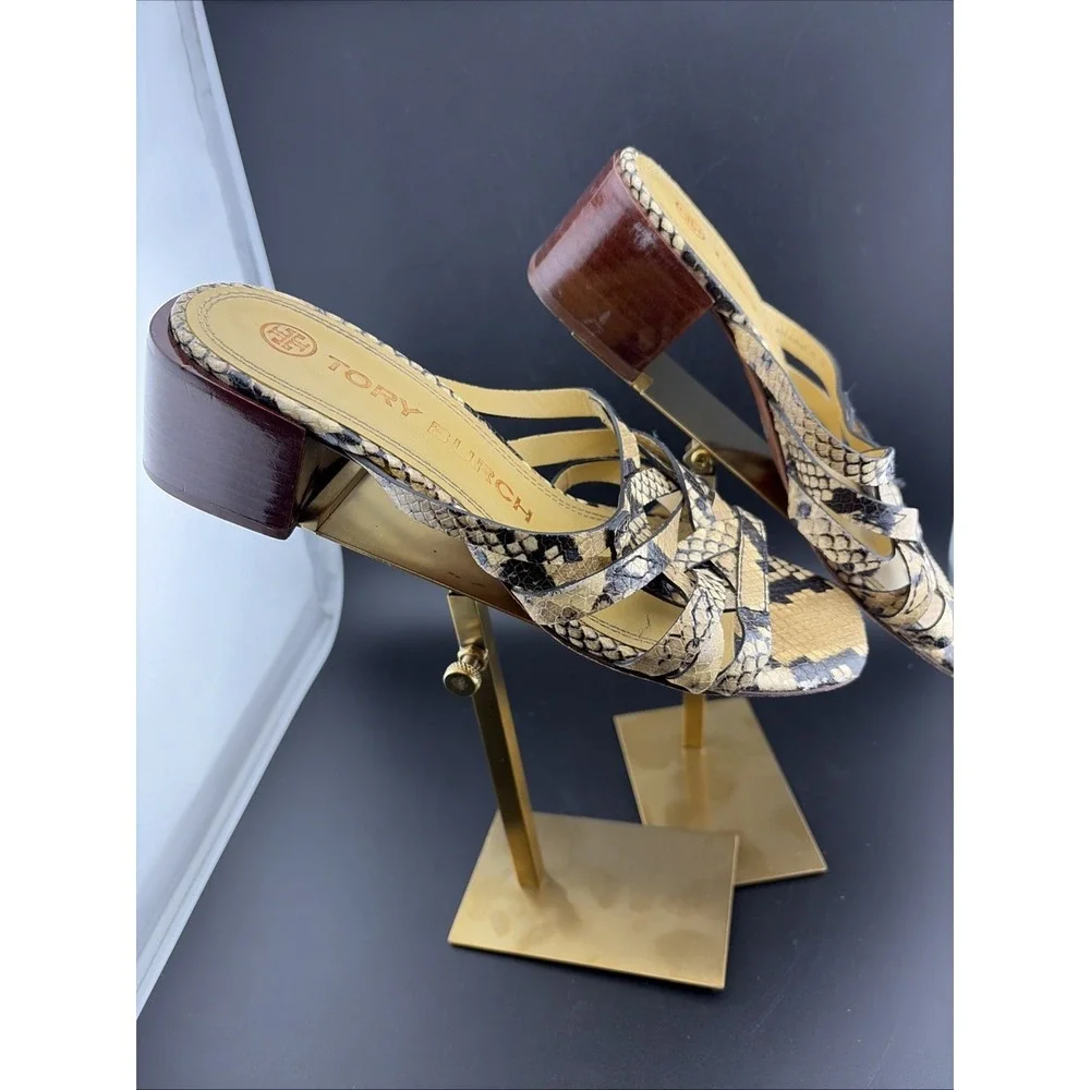 Tory‎ Burch Basket-weave Block Heel Snakeskin Python Print Leather Sandals 7M